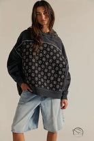 Charcoal gray oversized hoodie with embroidery stitching and bandana print