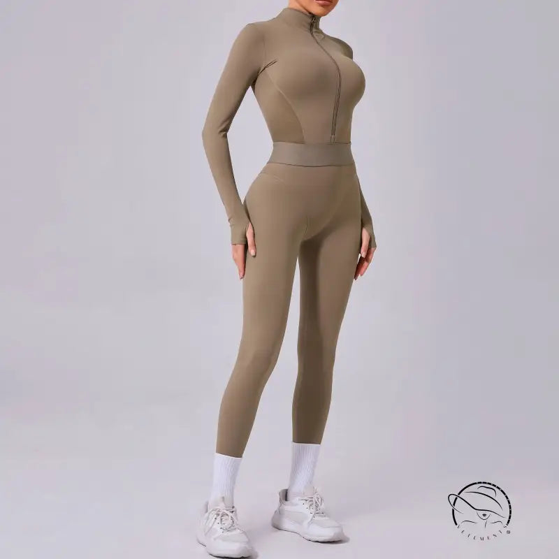 Olive-green comfy mesh stitching fitness jumpsuit by Langry fashion