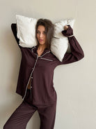 Brown satin Langry fashion pajamas with white piping and pockets