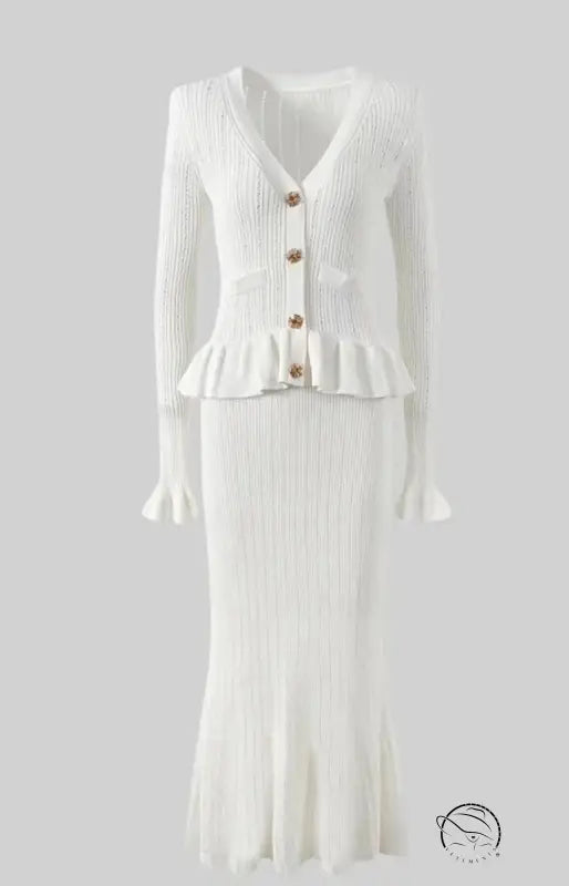 Elegant classic dress and skirt set in white ribbed knit