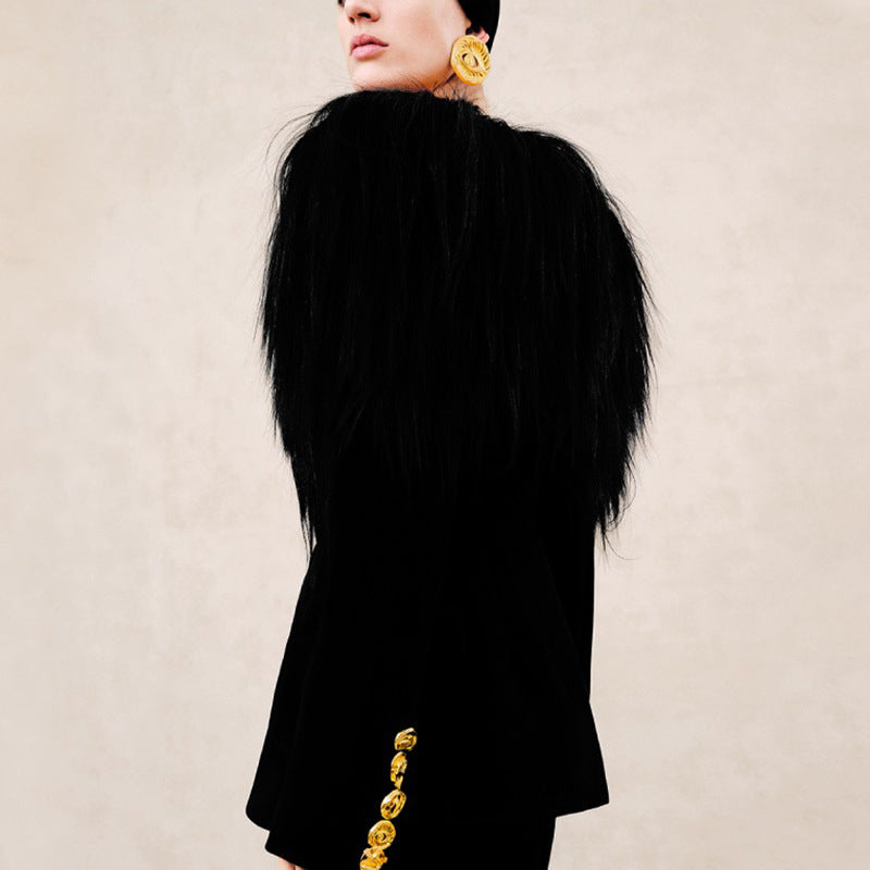 Langry elegant business blazer in black fur with gold trim and oversized yellow earrings, fashion ملابس