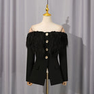Elegant Langry black feathered fashion blazer with gold buttons