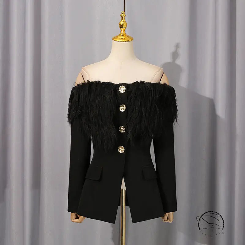 Elegant black feathered blazer with gold buttons in langry fashion