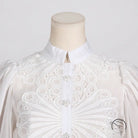 White eyelet blouse with jeweled buttons in French artistic palace embroidery jumpsuit