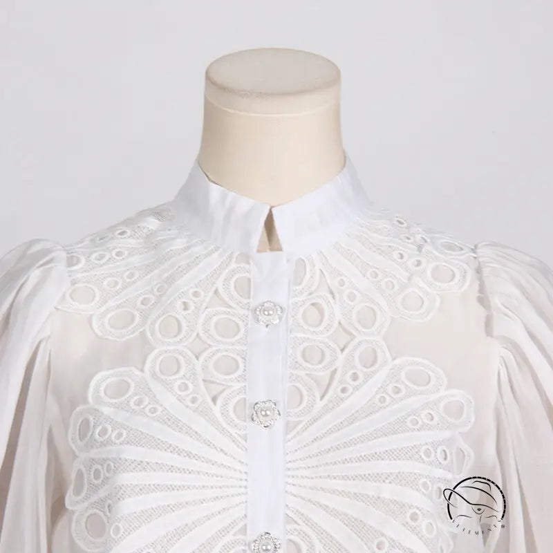 White eyelet blouse with jeweled buttons in French artistic palace embroidery jumpsuit