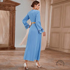 Light blue embroidered langry fashion maxi dress with gold belt