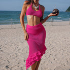 Hot pink knitted two-piece beachwear set, stylish crop top and ruffled skirt, ملابس fashion