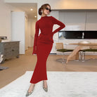 Red turtleneck maxi dress with a beautiful back slit, perfect for stylish fashion choices