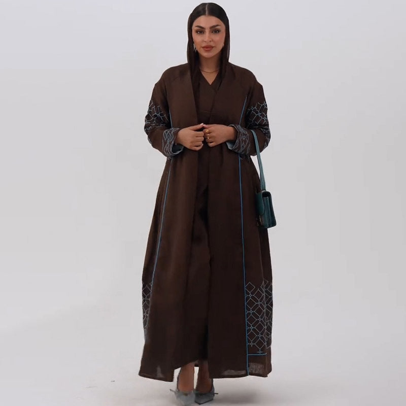 Brown abaya-style multicolor maxi dress with black lace and green side accent