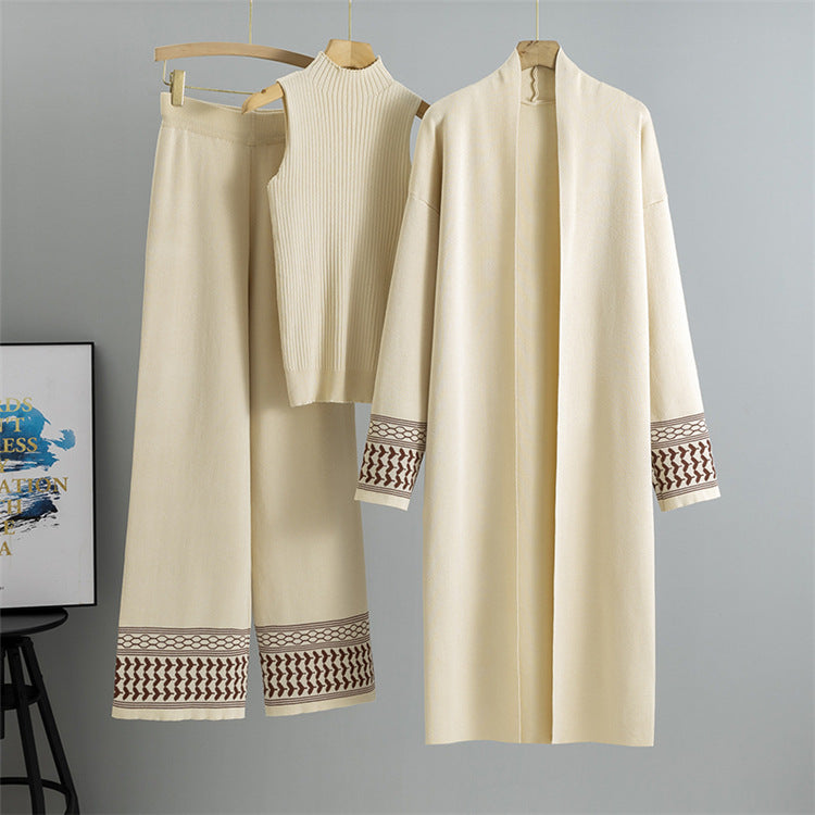 Middle East Elegant Cardigan Robe Knitted Wide Leg Pants Three Piece Set