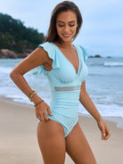Mint-colored cutout one-piece swimsuit with ruched details and flutter sleeves in fashion ملابس