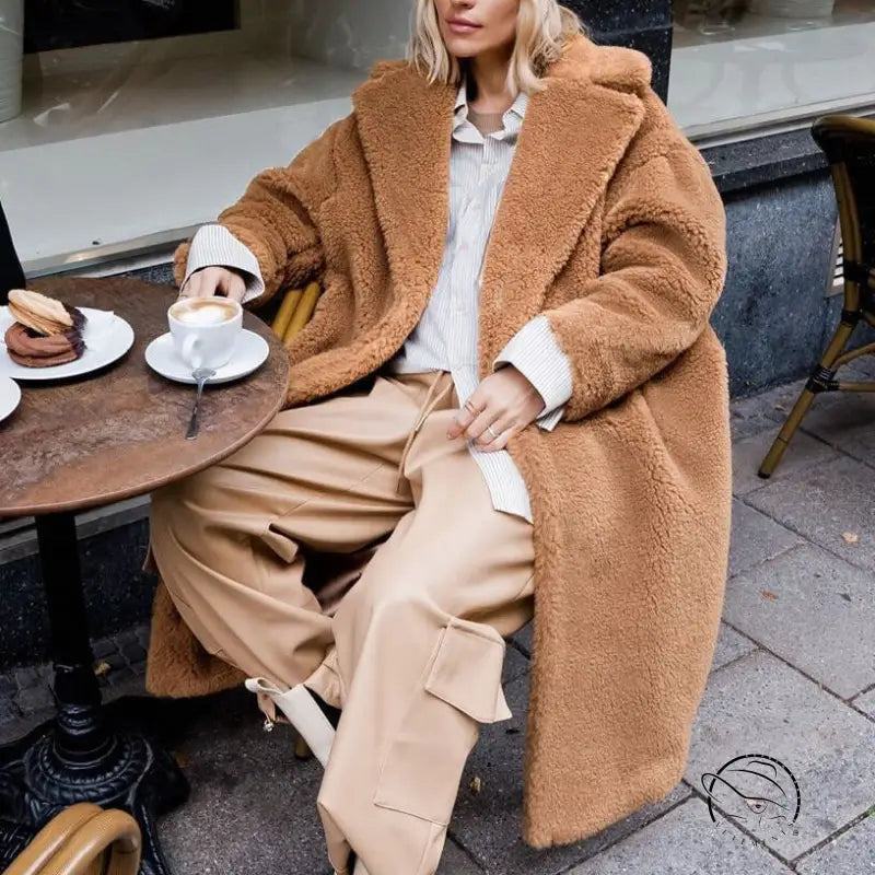 Cozy tan faux fur coat with plush texture and wide collar in Langry fashion