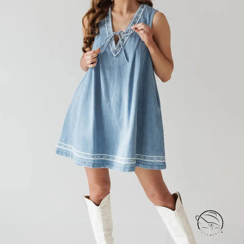 Beautiful embroidered vest denim dress in light blue