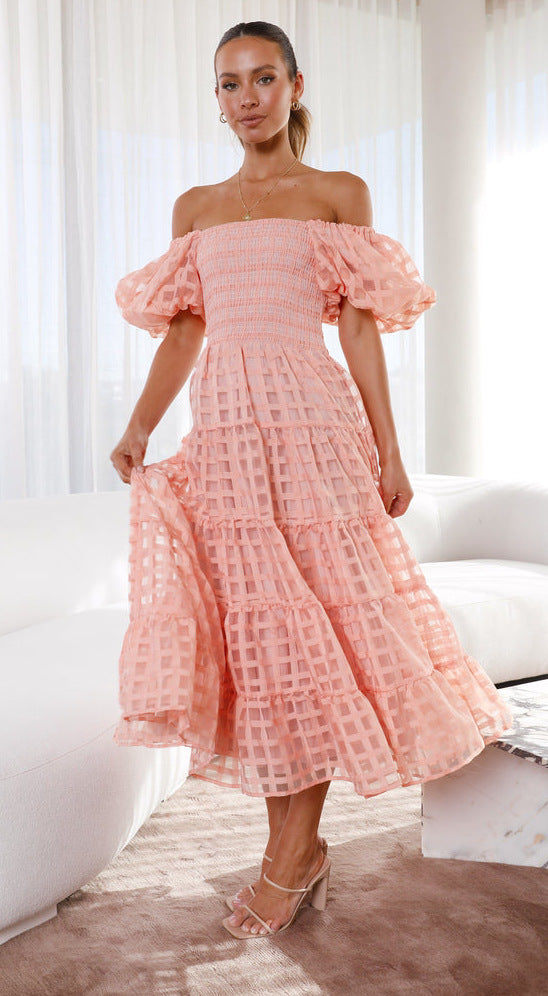 Off-the-shoulder pink tiered dress from Enchanting Lantern Sleeve Dress collection in fashion