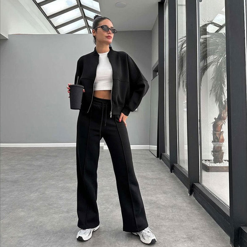 Winter Fur Zipper Cardigan Casual Straight Pants Two Piece Sets