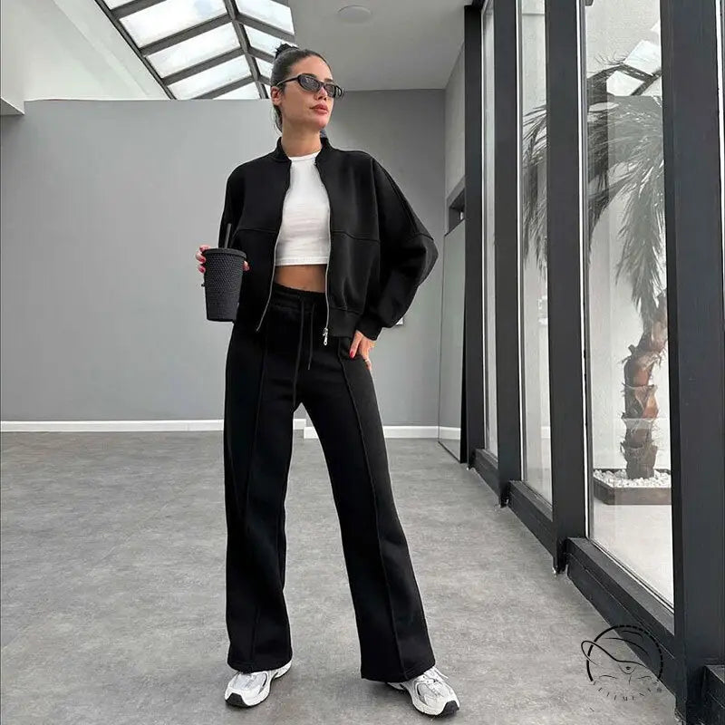 Winter Fur Zipper Cardigan Casual Straight Pants Two Piece Sets