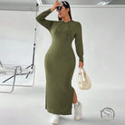Olive green ribbed hooded winter sheath maxi dress