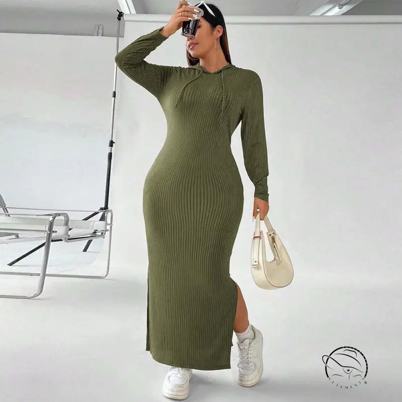 Olive green ribbed hooded winter sheath maxi dress