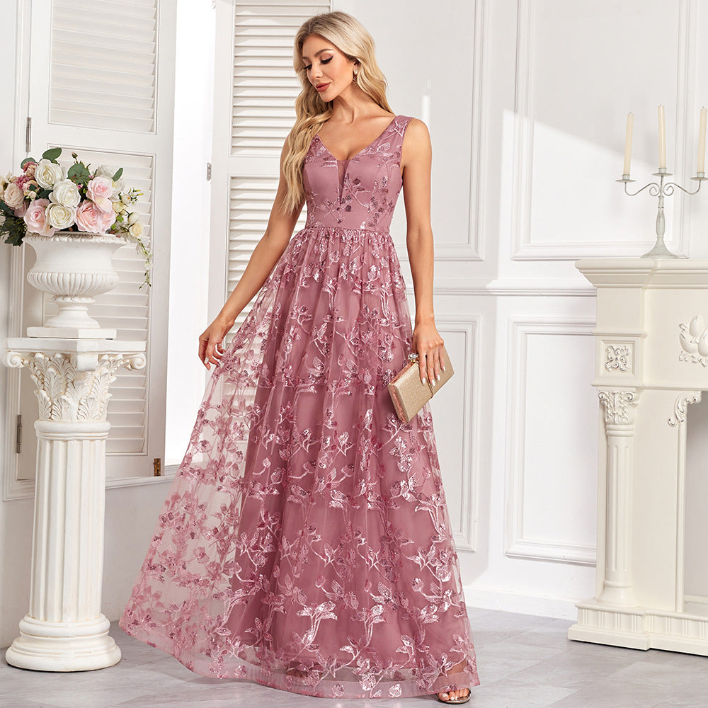 Mauve floral embroidered evening gown featuring mesh floral print and sleeveless design