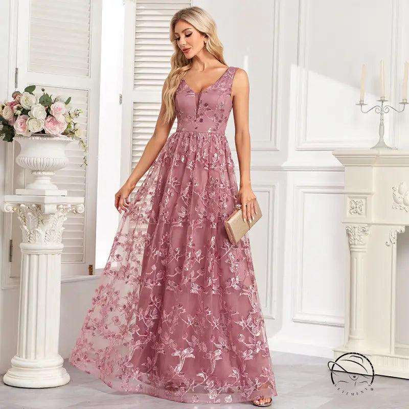 Mauve sleeveless mesh floral print V-neck evening gown
