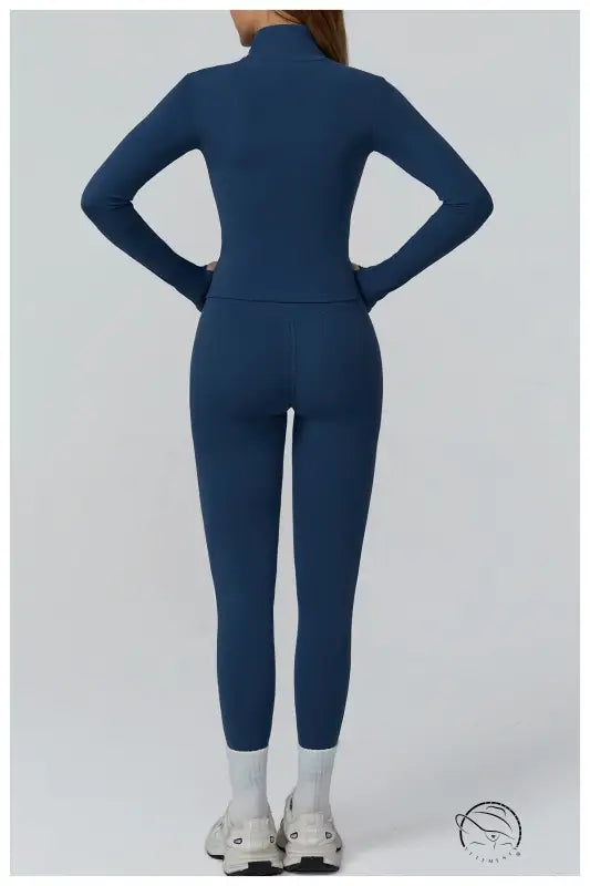 Navy blue langry fashion compression suit in warm zipper windproof slim jacket