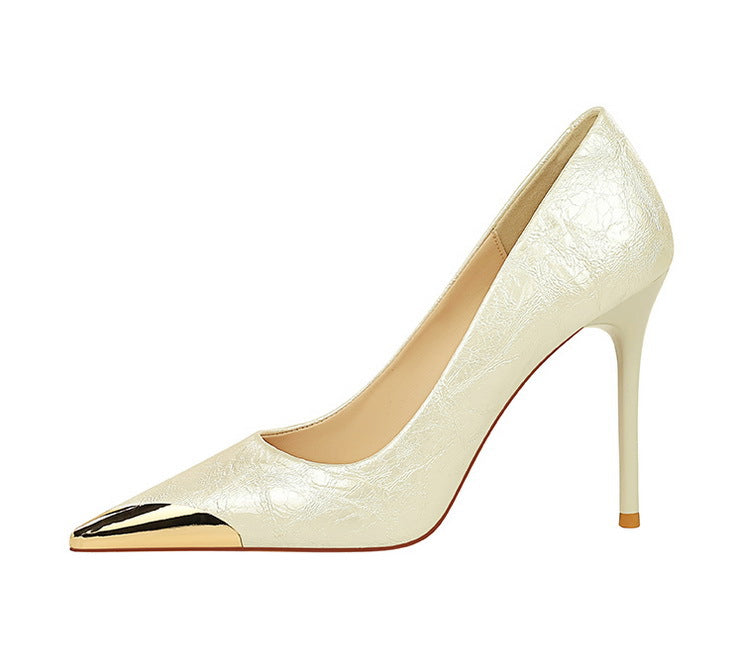 Langry fashion cream and gold high heel shoe with floral patent leather