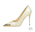 Cream and gold langry super high heel with metal pointed toe and floral patent leather