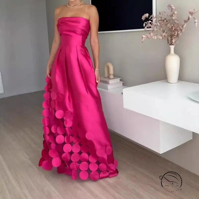 Langry strapless fuchsia gown with circular embellishments, high-waist evening fashion dress