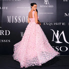 Elegant pink floral gown with square collar in sleeveless bohemian style