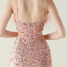 Langry rose gold sequined evening dress with ostrich feather detail