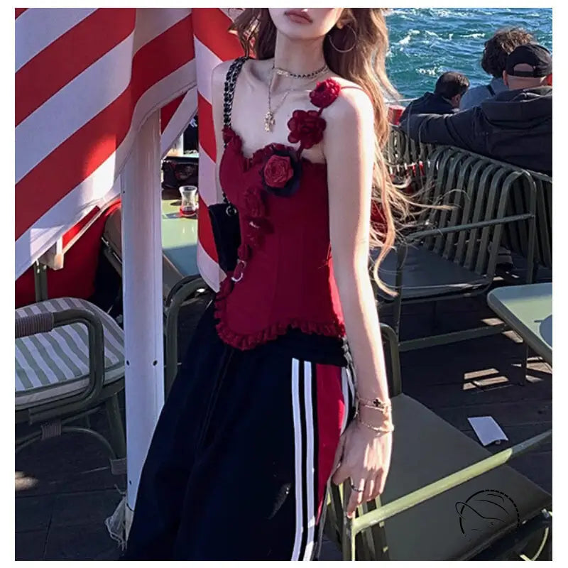 Handmade lace boning corset with red rose sleeveless top and striped skirt