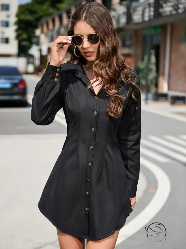 Beautiful short long sleeve black button-down shirt dress