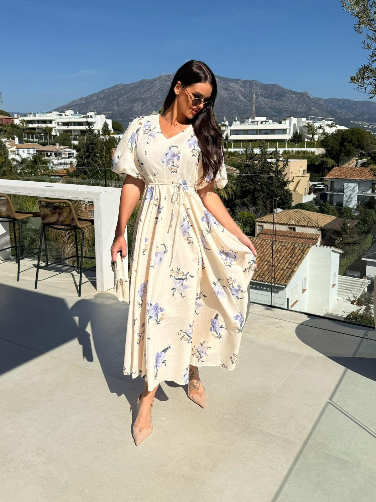 Floral print midi dress featuring puff sleeve design from Enchanting collection in fashion