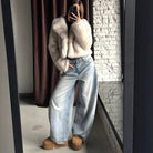 Warm faux fur baggy coat in light beige, fluffy texture, wide sleeves