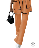 Orange suit with black scalloped trim, blazer and leather handbag set