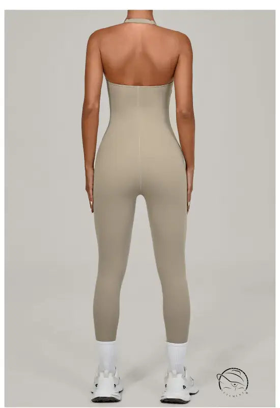 Langry beige halter yoga jumpsuit for outdoor fashion ملابس