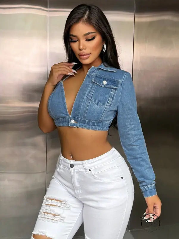 Popular Strap Matching Long Sleeve Denim Top