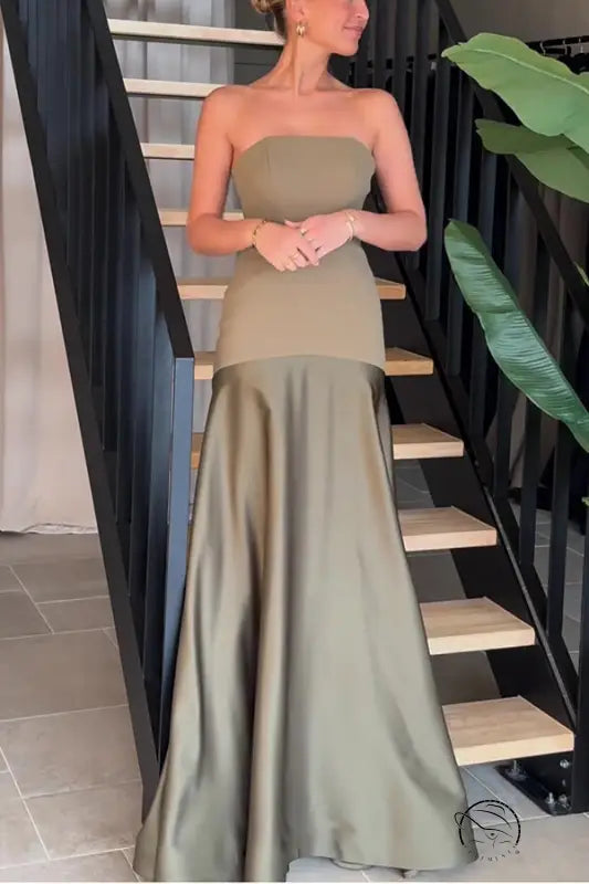 Elegant strapless olive green satin dress in Langry fashion