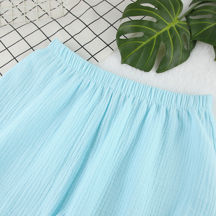 Light blue crinkled cotton crepe skirt with monstera leaf design in Langry fashion pajamas