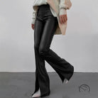 Black faux leather slit pants for winter