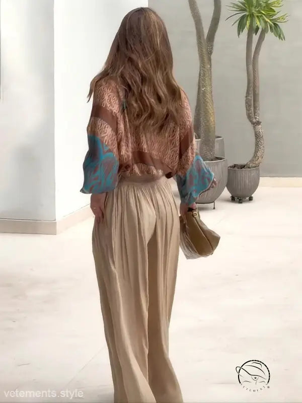 Elegant two piece set with flowing beige pants, free shipping