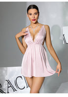 Soft pink satin lace deep V plunge backless strap short nightdress in Langry fashion