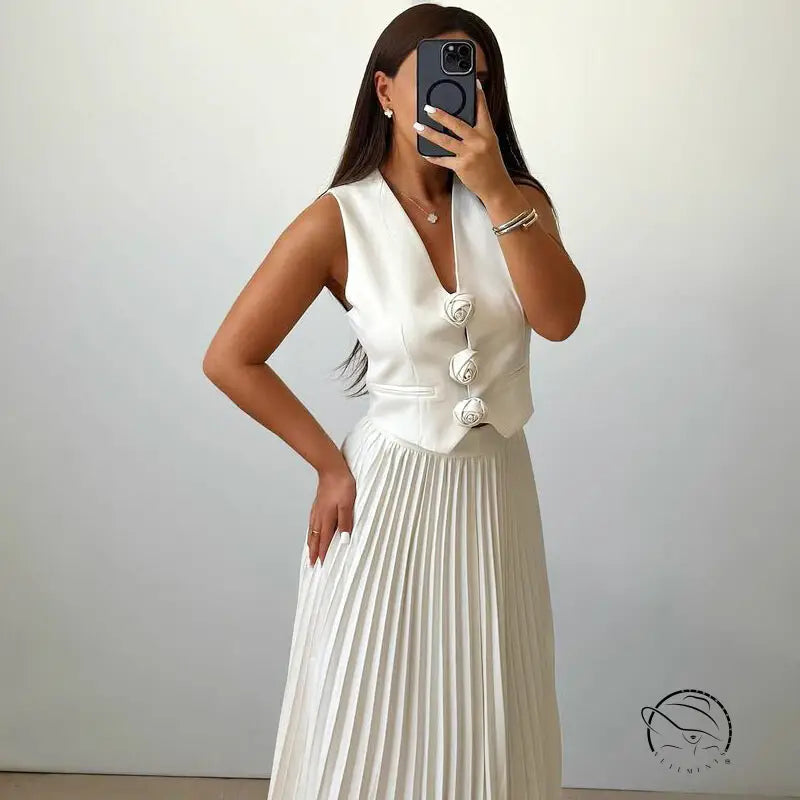 Langry fashion woman in white sleeveless vest and pleated skirt
