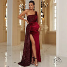 Elegant long sequined burgundy strapless gown with high slit and ruched bodice, Marchesa-inspired