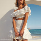 White eyelet ruffle two-piece Summer French Suit featuring a high waist design and French shorts