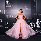 Elegant pink floral gown with square collar in sleeveless bohemian style