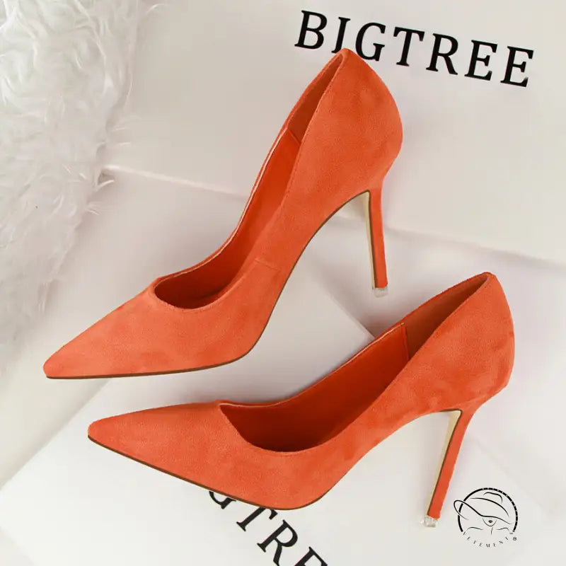 Simple stiletto orange suede pointed toe high heel pumps by Langry fashion
