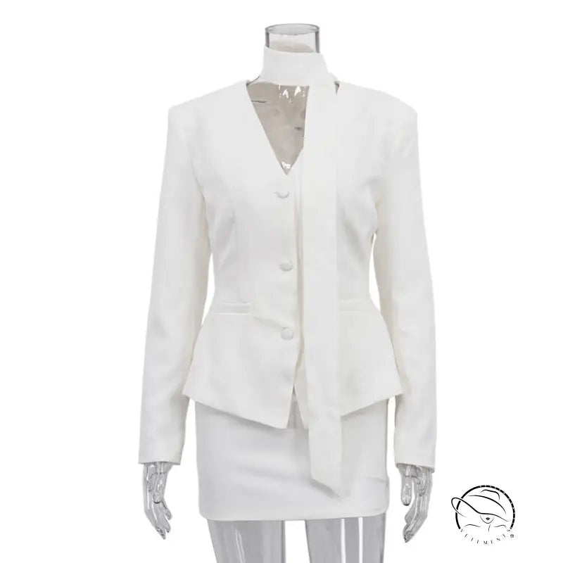 Elegant white peplum blazer with bow detail in langry fashion set