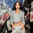 Cozy short zipper cardigan hoodie in grey cropped cotton blend