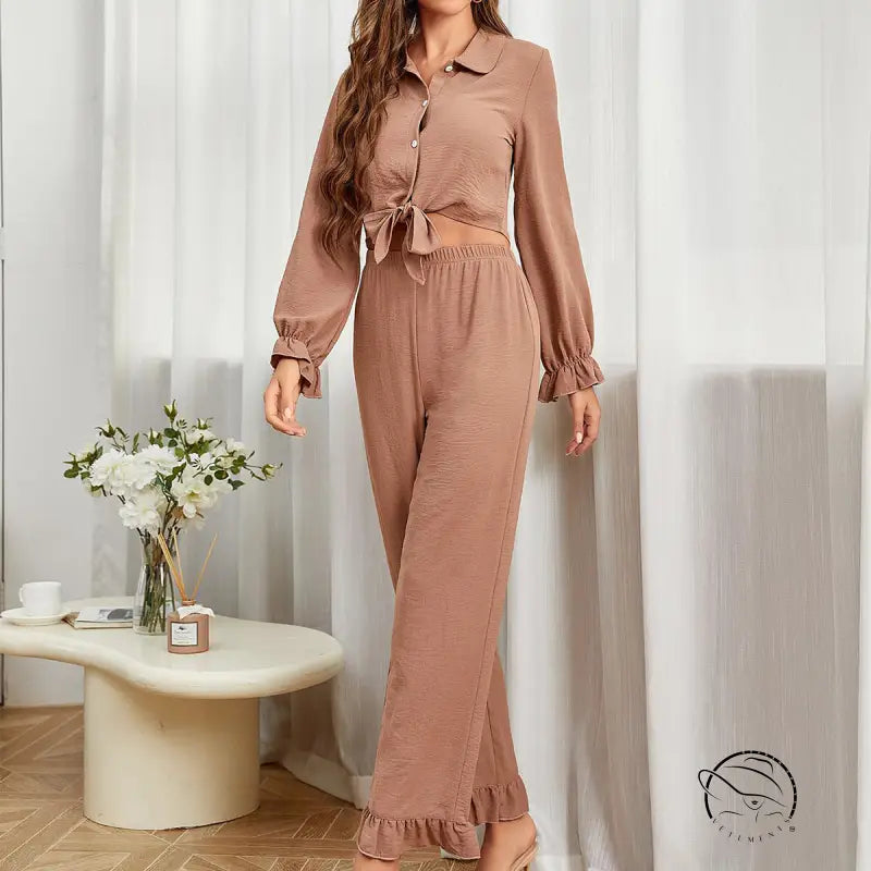Mocha brown ruffled cardigan long sleeve pants two-piece set with cuffs